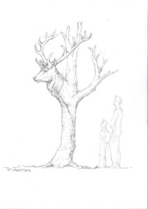 Croquis de création de la sculpture fantastique d'un cerf dans un arbre
