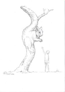 Croquis de création de la sculpture fantastique d'un écureuil dans un arbre