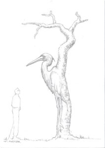 Croquis de création de la sculpture fantastique d'un héron dans un arbre