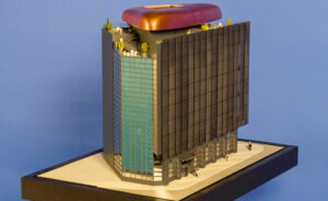 Maquette de promotion immobilière de l'immeuble de bureaux Le Black Pearl à La Défense
