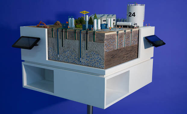 Maquette animée avec tablettes d'un site industriel de dépollution au 1/87